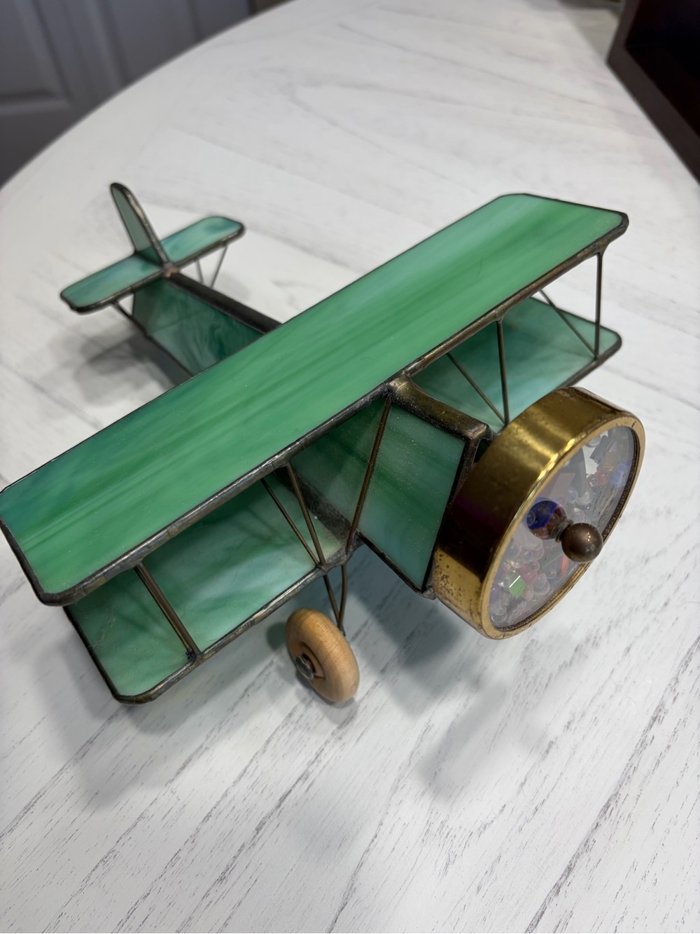 Source Unknown Green Stained Glass Biplane Figurine with Brass Propeller